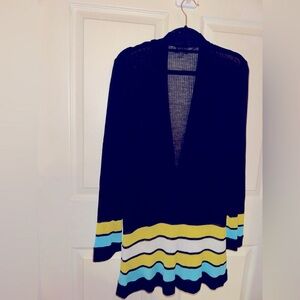 Misook lightweight Black Cardigan Sweater Yellow Blue Stripes S fall